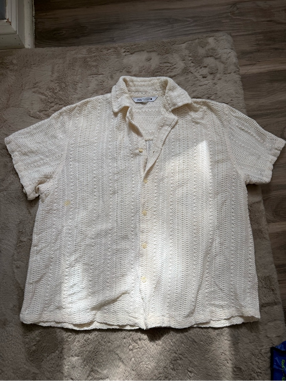 Zara Cream Textured Short-Sleeve Button-Down Shirt
